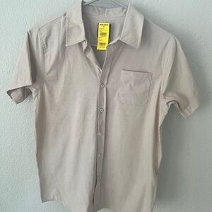 Boys short sleeve button up shirt size medium 10/12 beige tan neutral dress top